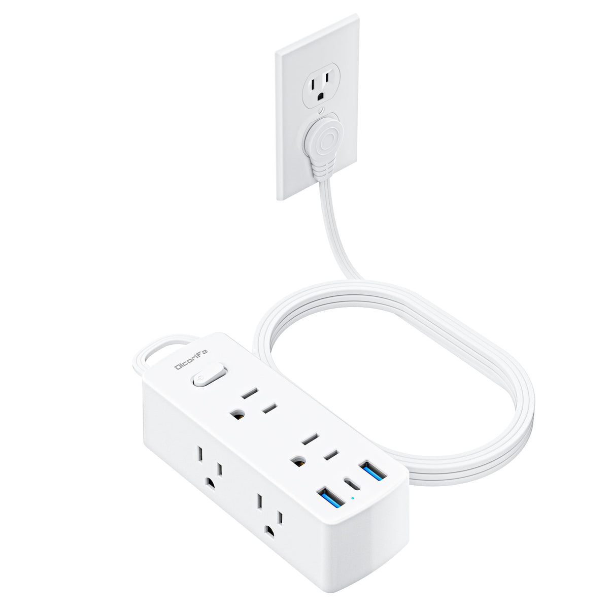Flat Plug Power Strip with 5 FT Extension Cord, 6 Outlets 3 USB Ports, White F424408