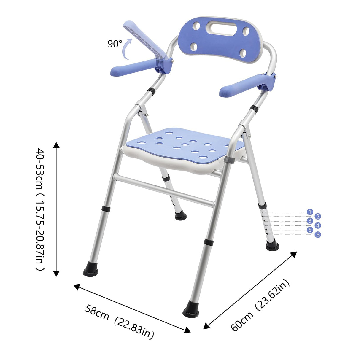 Folding Shower Seat with Arms and Back, Height Adjustable Non-Slip Bath Bench, 330lbs Capacity, Blue Z1355