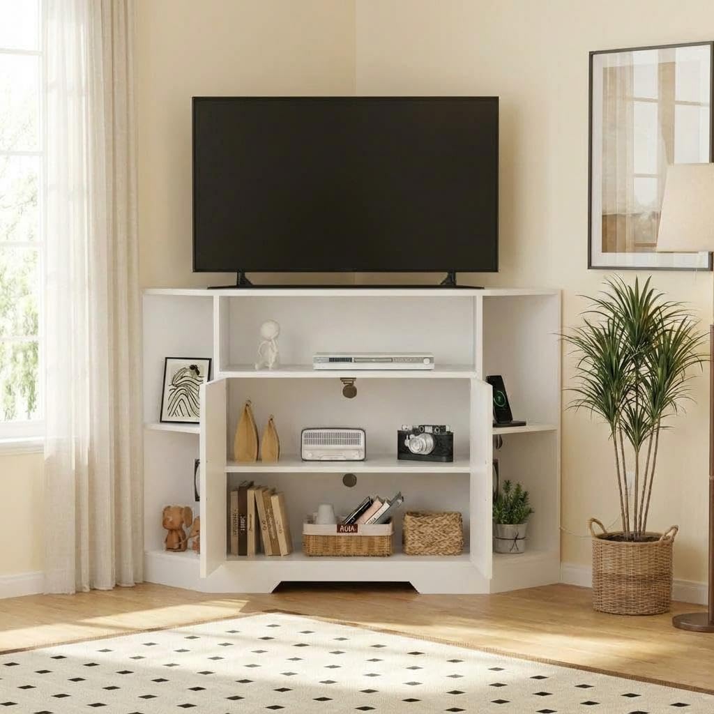 Corner TV Stand with Power Outlet & Barn Doors V670