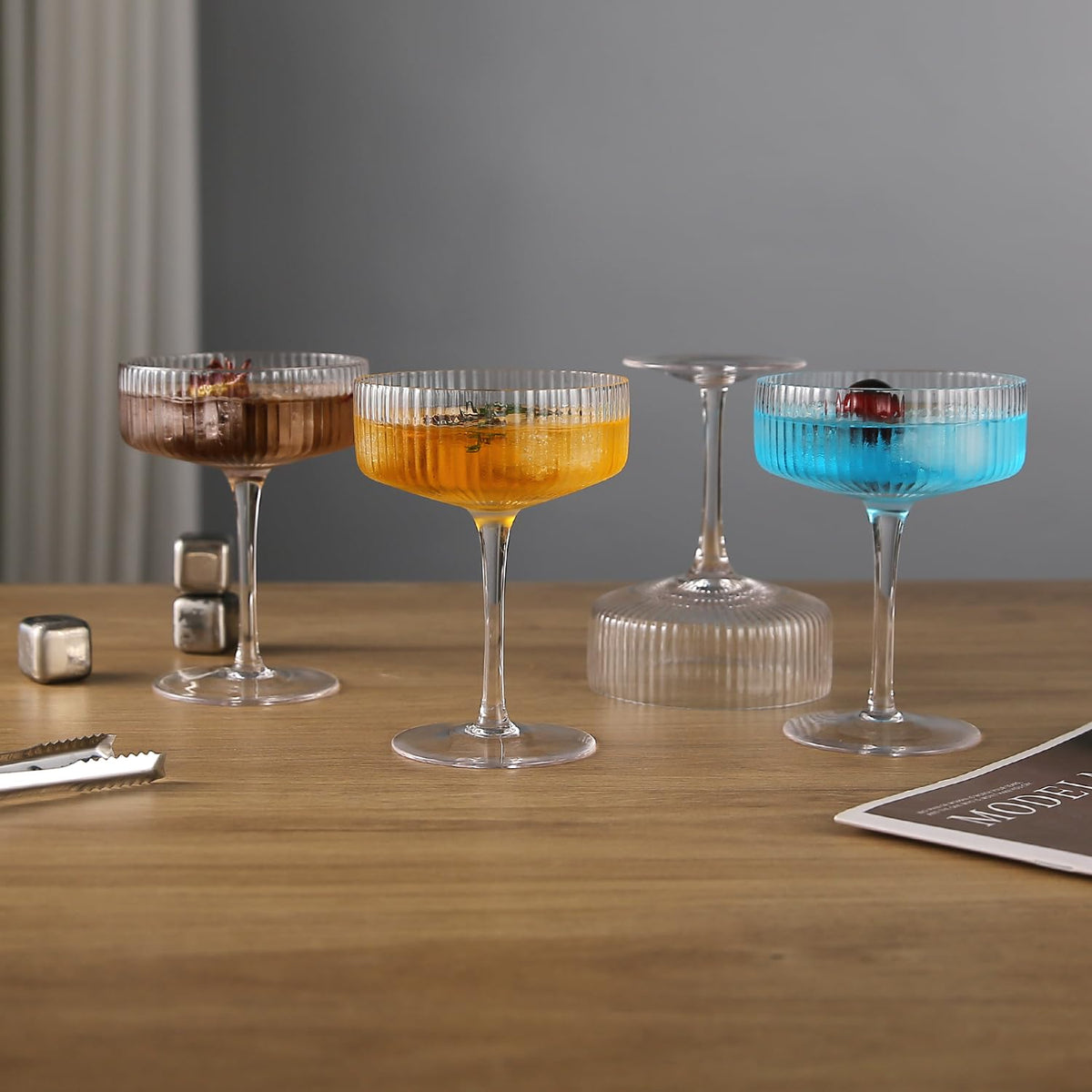 6 Pcs 10 oz Ribbed Coupe Glasses Set T66838