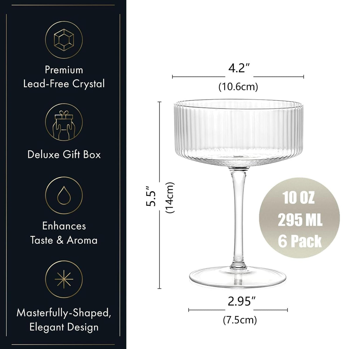6 Pcs 10 oz Ribbed Coupe Glasses Set T66838