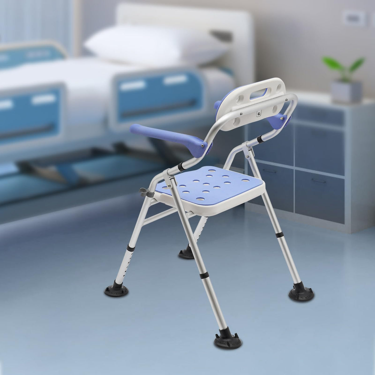 Folding Shower Seat with Arms and Back, Height Adjustable Non-Slip Bath Bench, 330lbs Capacity, Blue Z1355