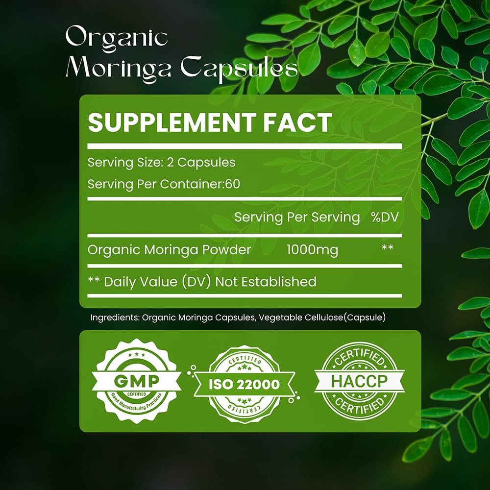 Organic Moringa Capsules 120 Capsules 1000mg Non GMO Gluten Free P540741