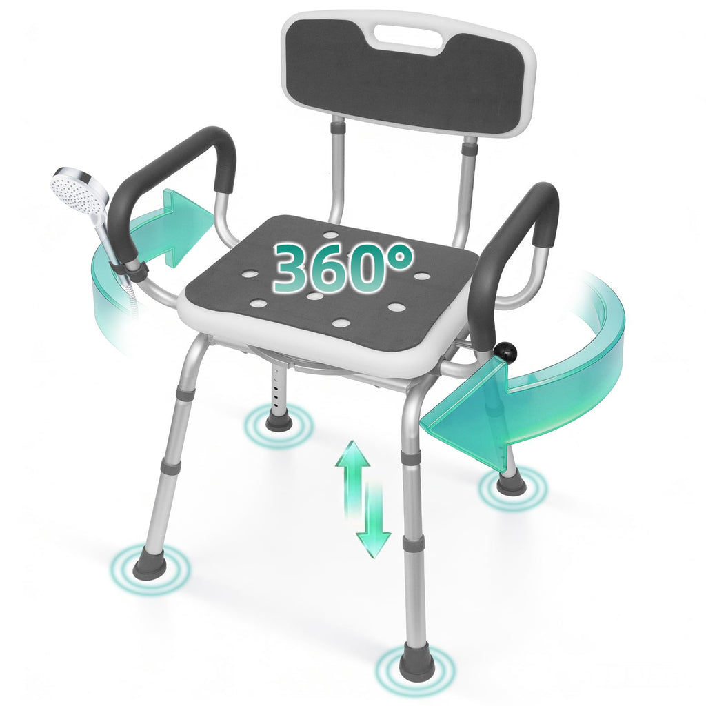 Swivel Shower Chair with Arms & Back, Heavy Duty Non-Slip Rotating Shower Bench Seat S670