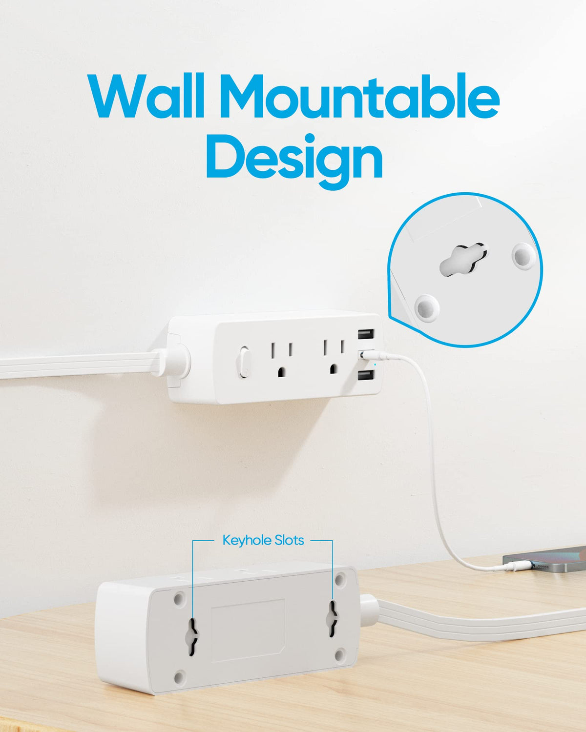 Flat Plug Power Strip with 5 FT Extension Cord, 6 Outlets 3 USB Ports, White F424408