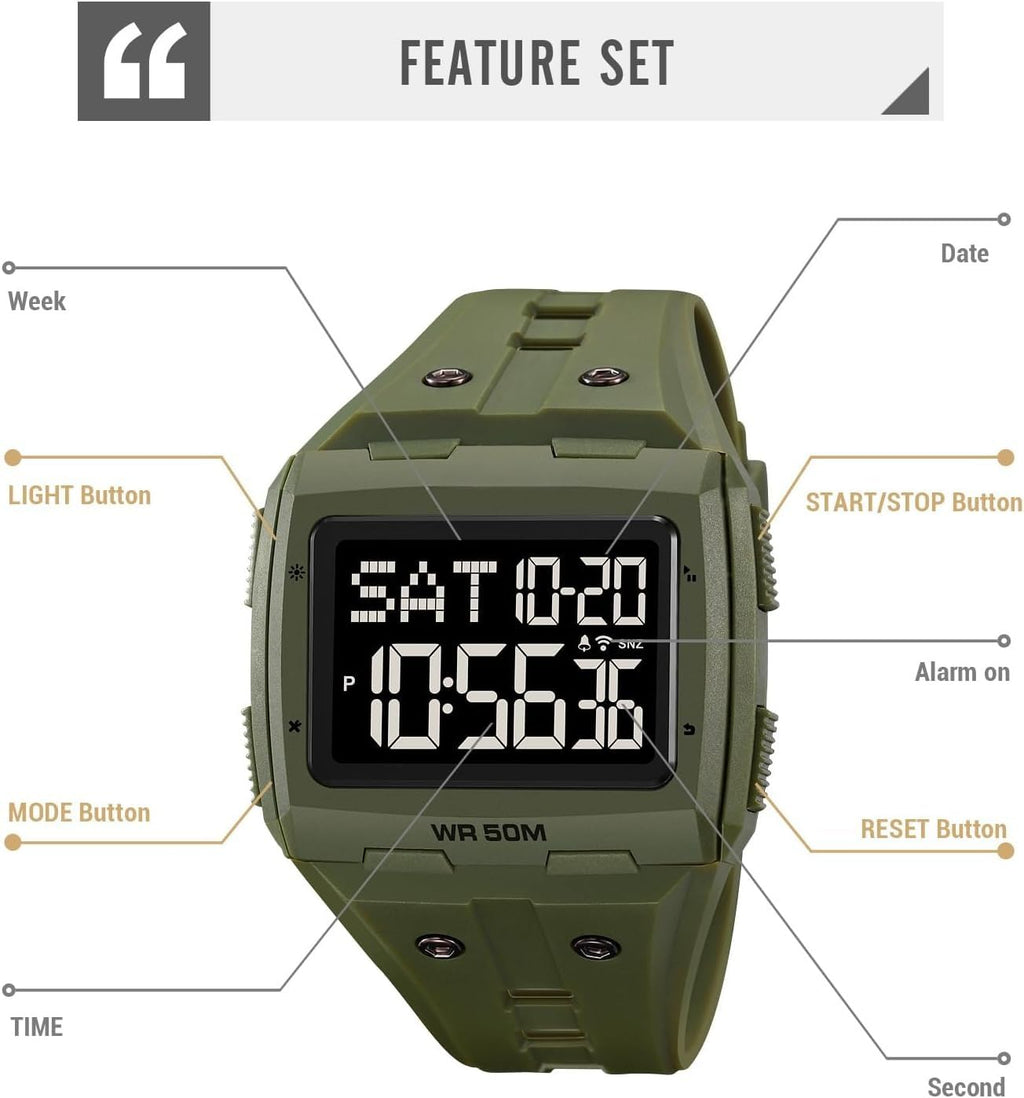 Large Face 5ATM Water Resistant Digital Mens Watch X292