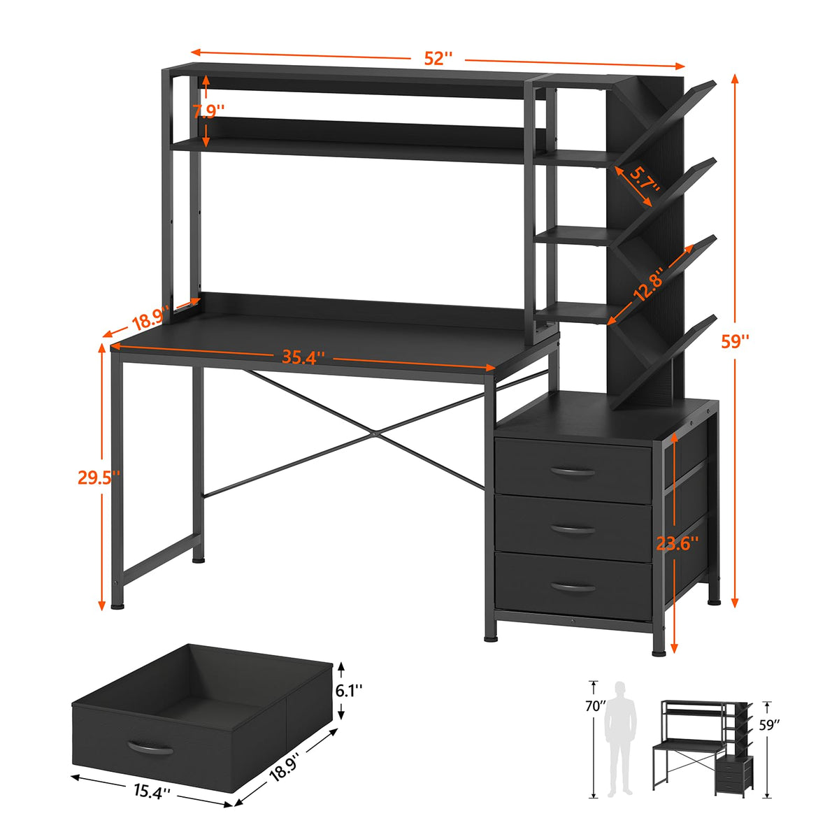 52" Computer Desk with Bookshelf, 3 Drawers & Hutch Z354454