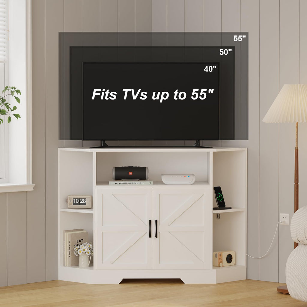 Corner TV Stand with Power Outlet & Barn Doors V670