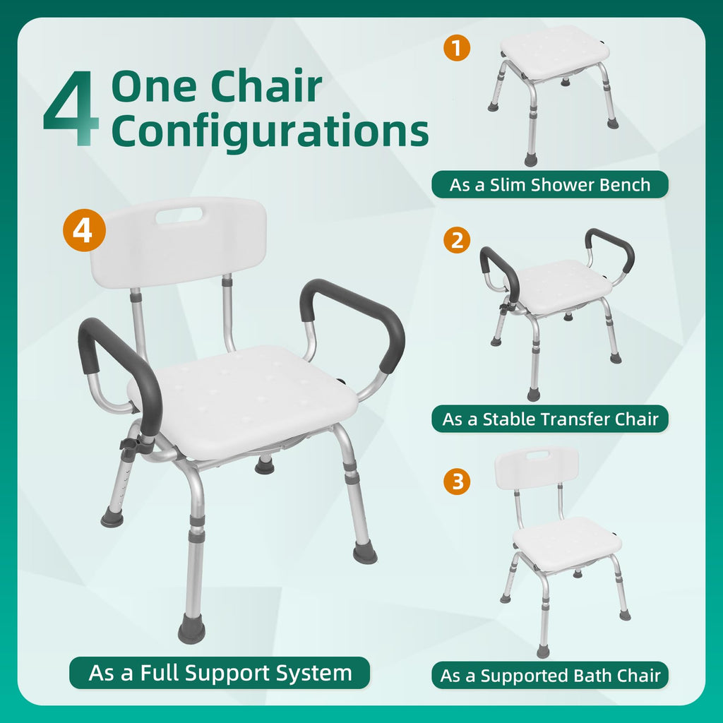 Swivel Shower Chair with Arms & Back, Heavy Duty Non-Slip Rotating Shower Bench Seat S670