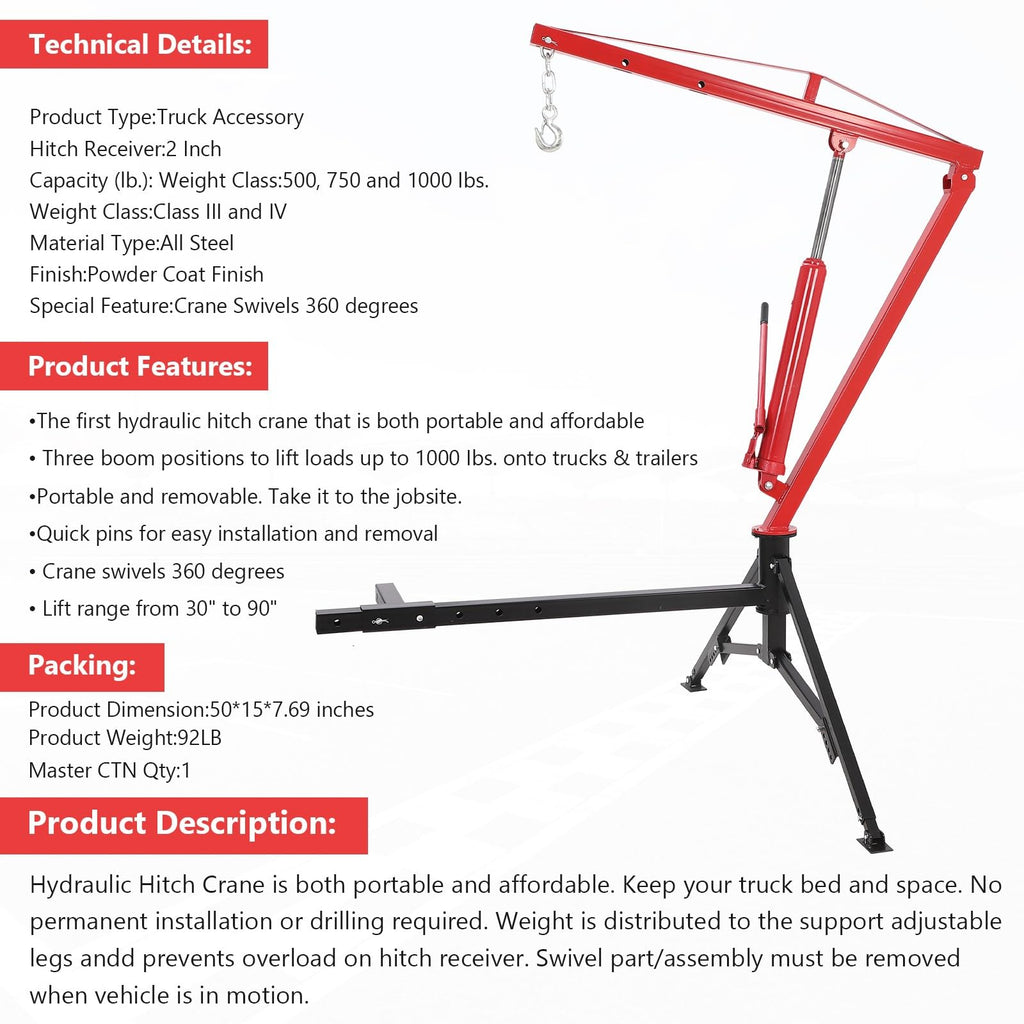 Hydraulic Pickup Truck Crane 360° Swivel 2-Inch Hitch Receiver 1000 Lbs Y779669
