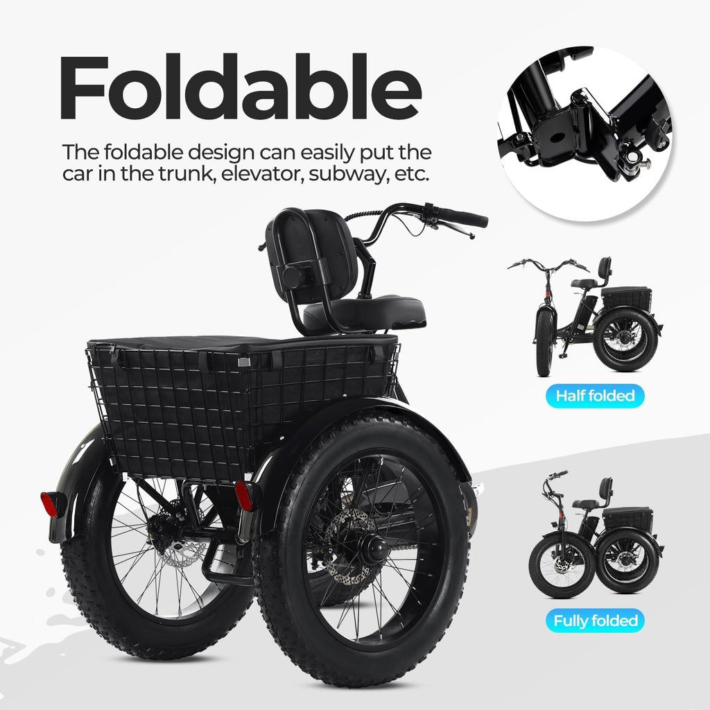 Folding Electric Tricycle for Adults, 20"x4" Fat Tire, Peak 500W 36V13Ah D50931
