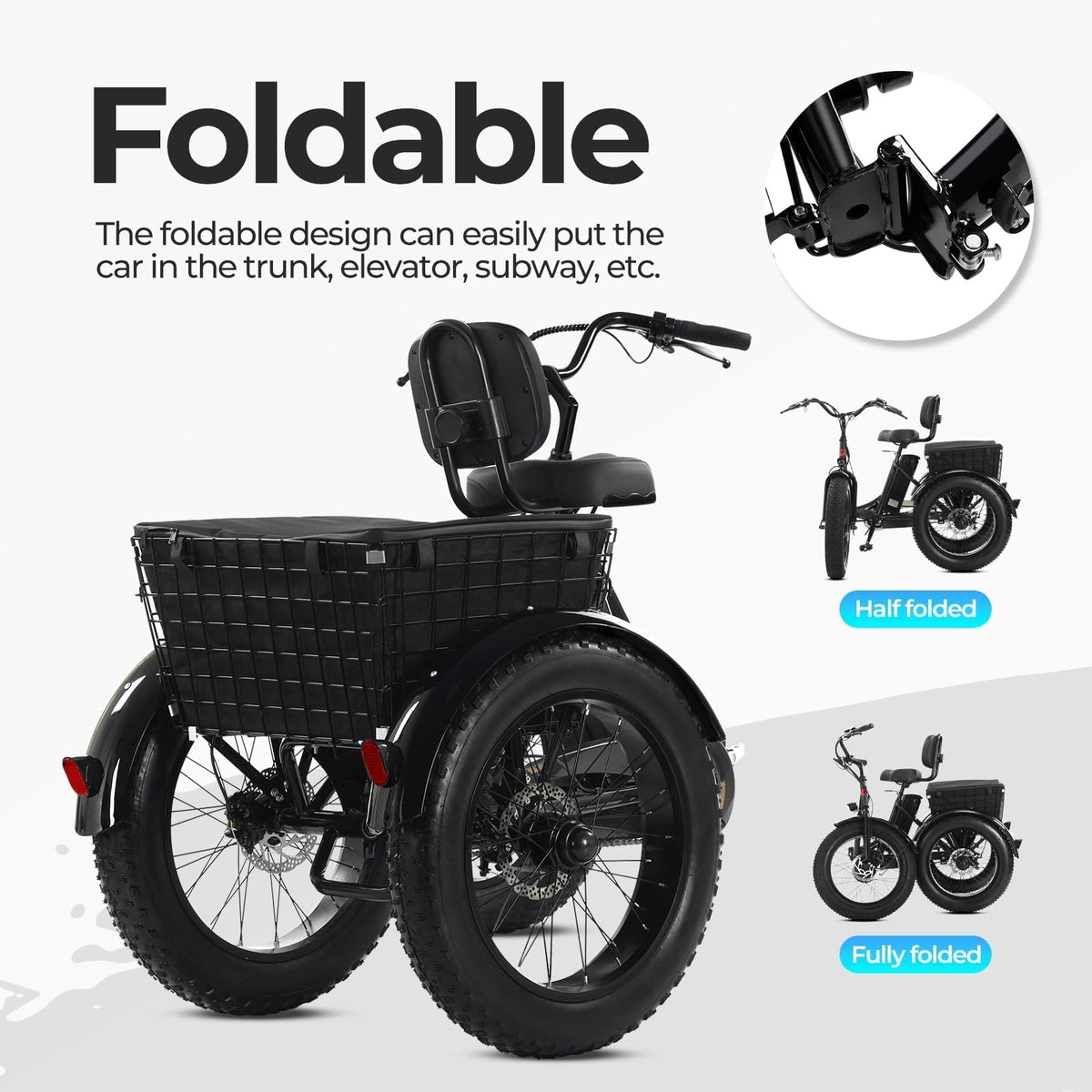 Folding Electric Tricycle for Adults, 20"x4" Fat Tire, Peak 500W 36V13Ah D50931