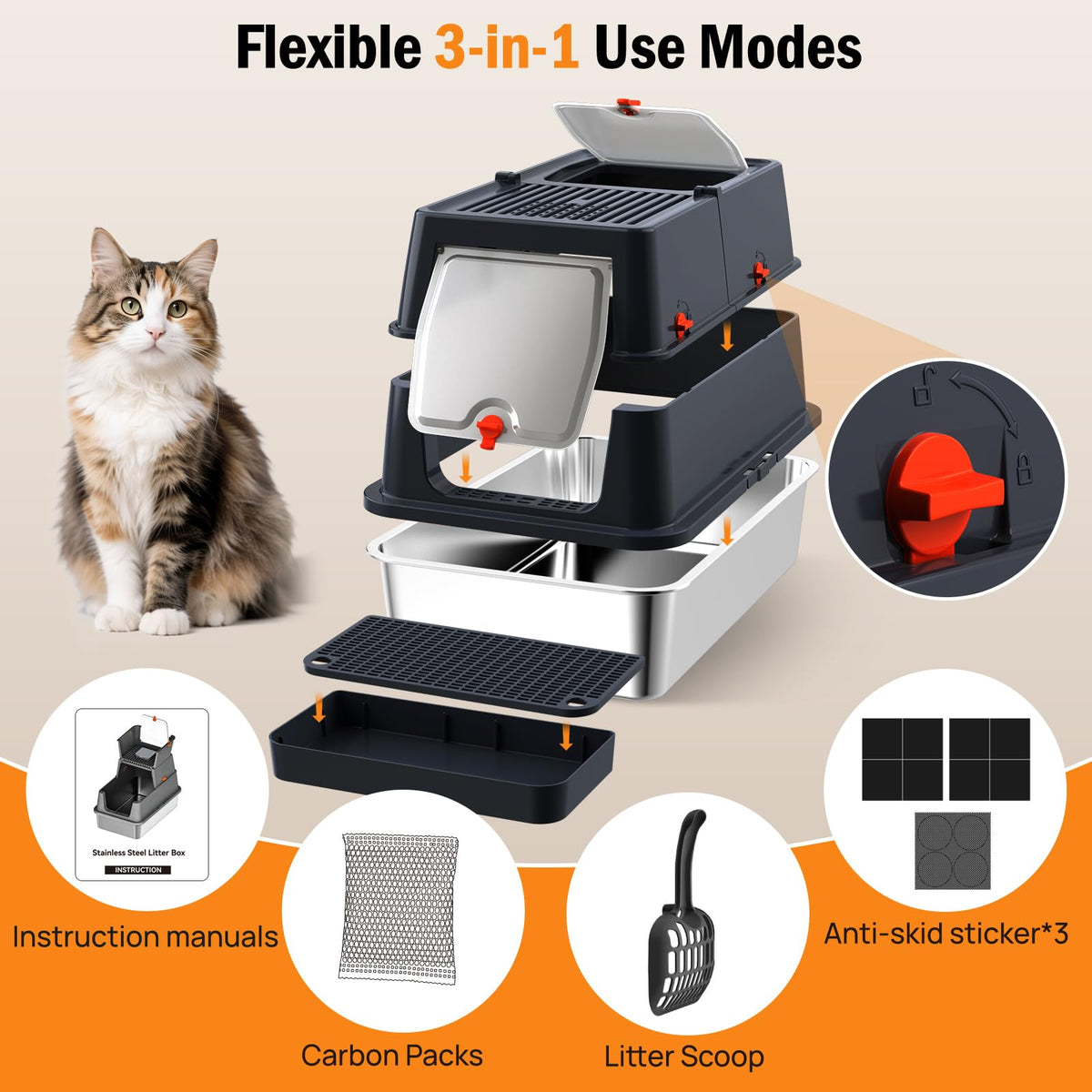 Stainless Steel Enclosed Litter Box with Lid, Extra Large, Black I5499