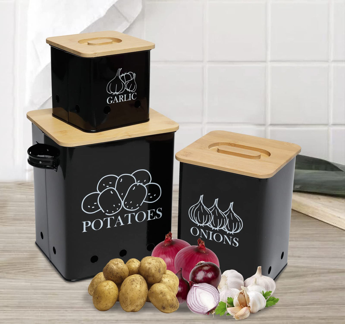 Black 3 Pack Kitchen Canisters Set with Wooden Lid P669