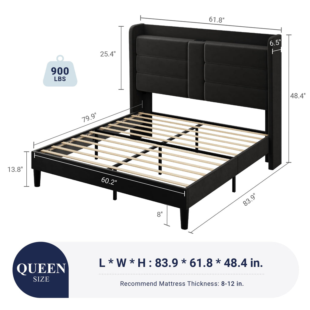 Queen Size Black Velvet Upholstered Platform Bed Frame with Storage Headboard P1890