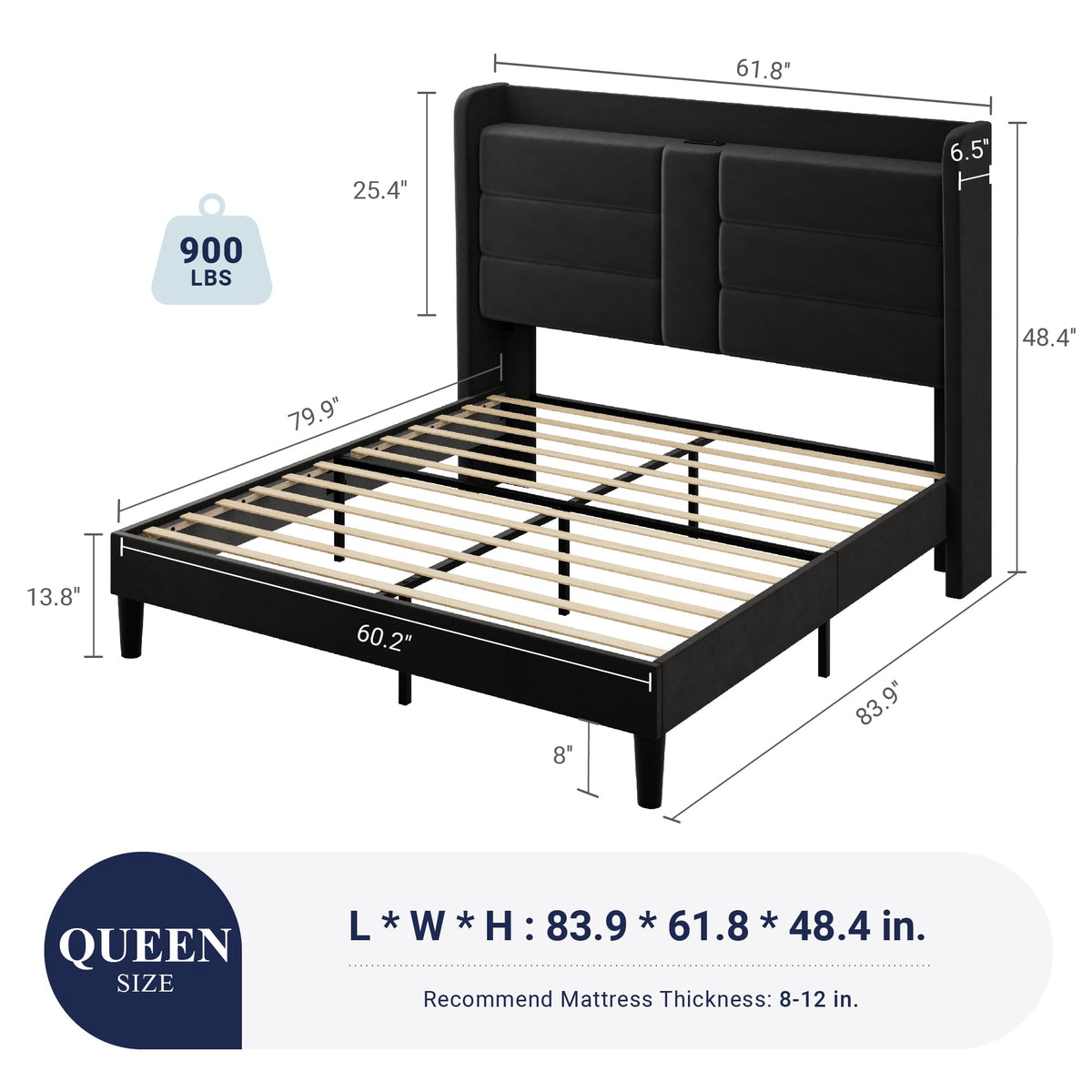 Queen Size Black Velvet Upholstered Platform Bed Frame with Storage Headboard P1890
