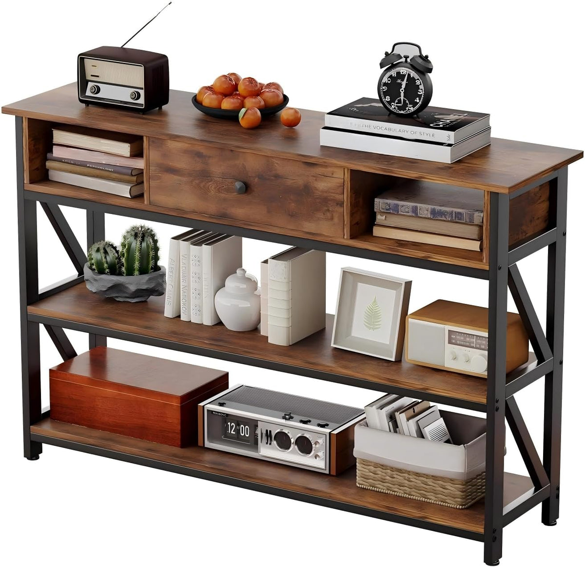 47 Inch Rustic Brown Console Table with Drawer Shelves T34895