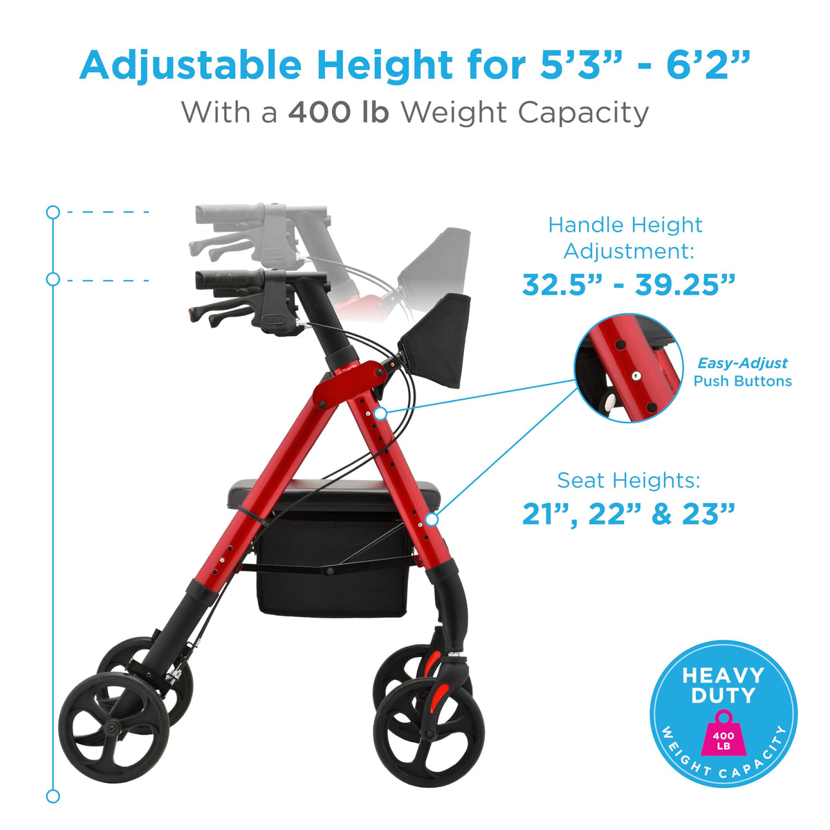 Foldable Rollator Walker with Seat, 400 lb Weight Capacity, 8” All-Terrain Wheels, Red B714476