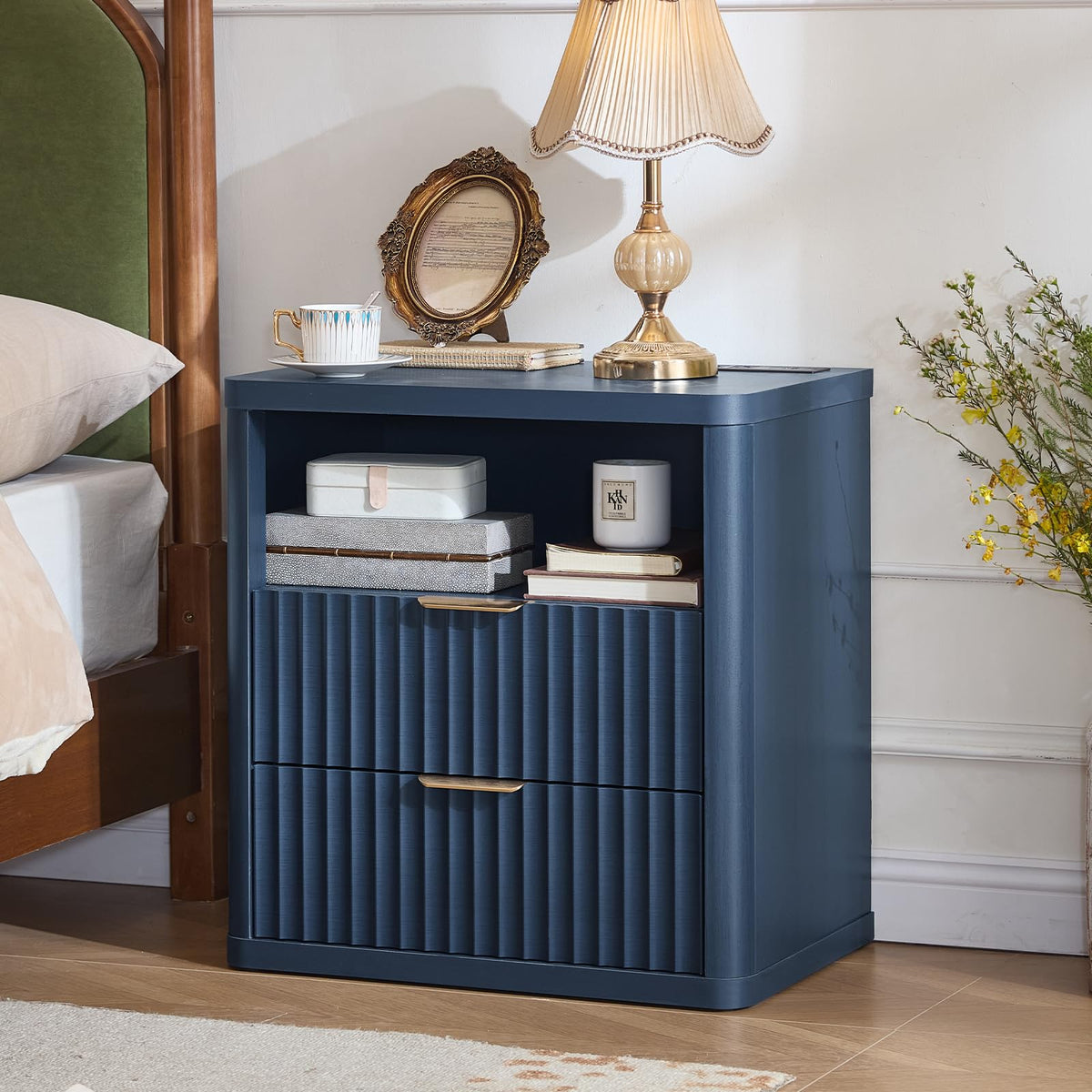 Blue 2 Drawer Fluted Nightstand with Charging Station V637686