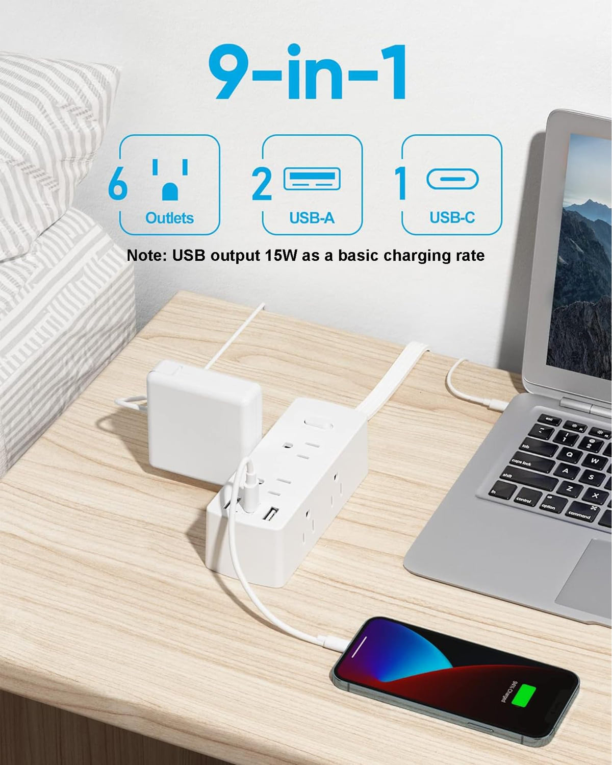 Flat Plug Power Strip with 5 FT Extension Cord, 6 Outlets 3 USB Ports, White F424408