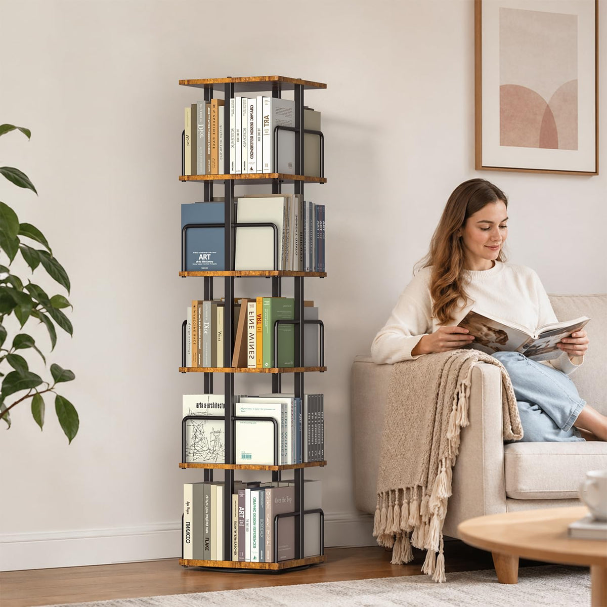 5-Tier Rotating Bookshelf with Metal Guardrails Z59080