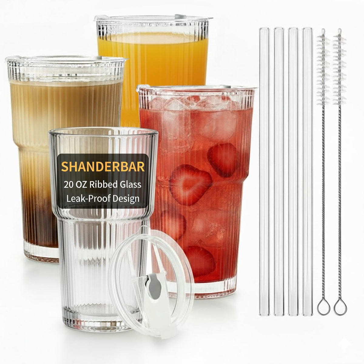 20 oz Ribbed Glass Tumblers with Lids and Straws, Set of 4 N9581