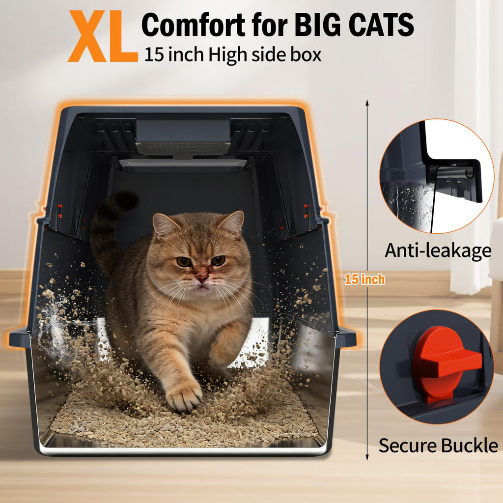 Stainless Steel Enclosed Litter Box with Lid, Extra Large, Black I5499