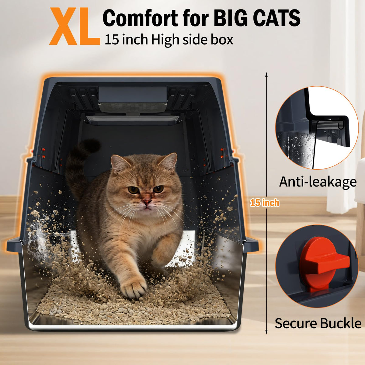 Stainless Steel Enclosed Litter Box with Lid, Extra Large, Black I5499