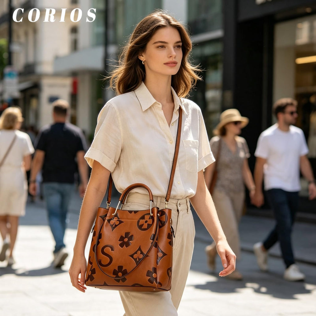 Women Embossed Bucket Bag Shoulder Crossbody Bag 2Pcs Set Q68841