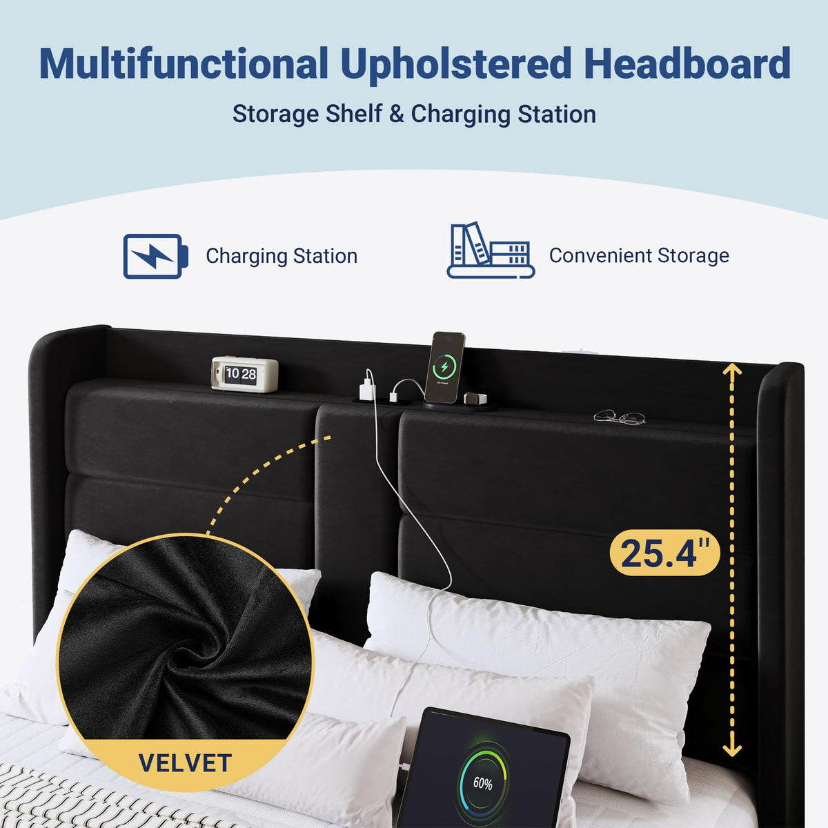 Queen Size Black Velvet Upholstered Platform Bed Frame with Storage Headboard P1890