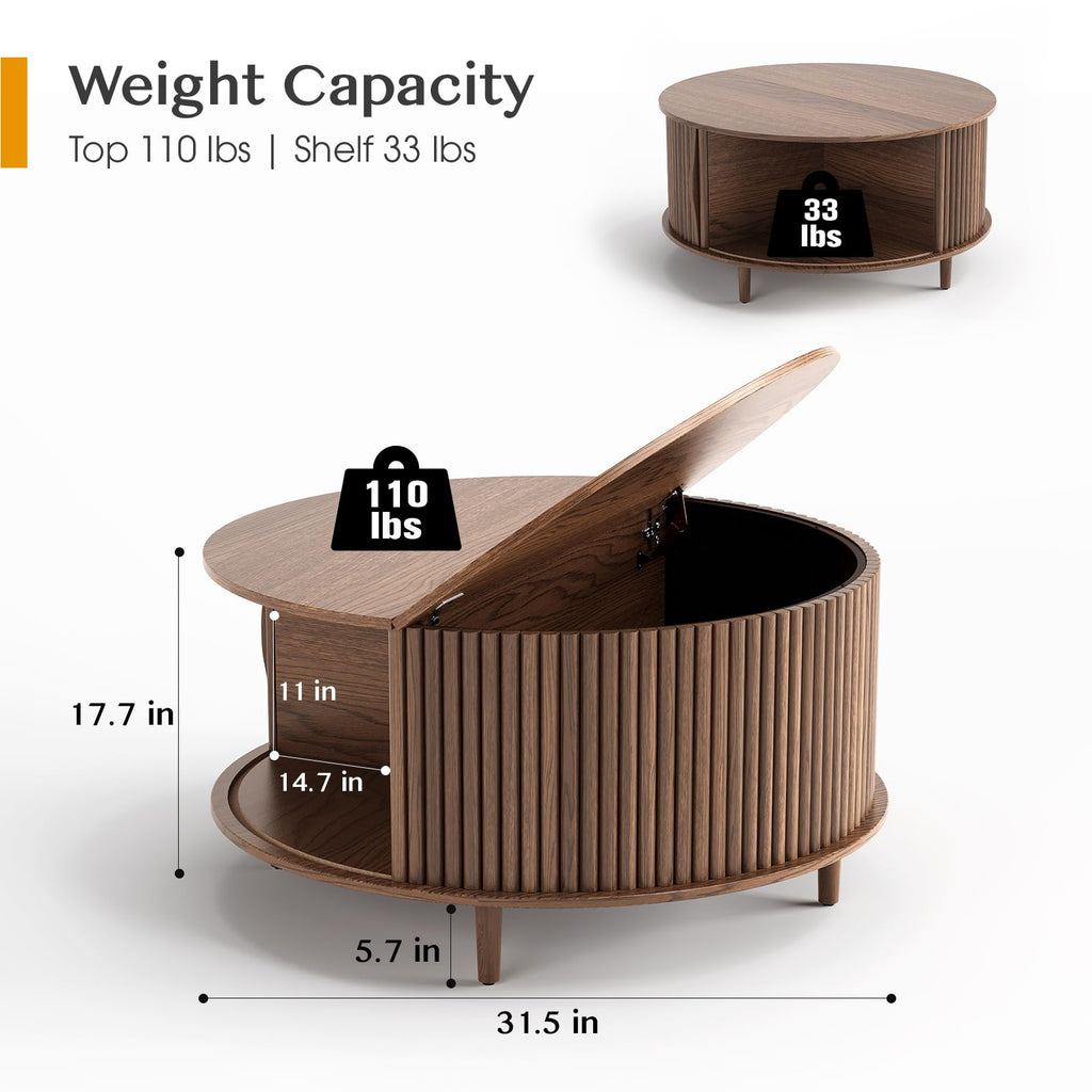 Round Coffee Table with Storage, 31.5", Walnut C717