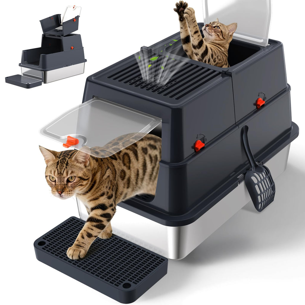 Stainless Steel Enclosed Litter Box with Lid, Extra Large, Black I5499