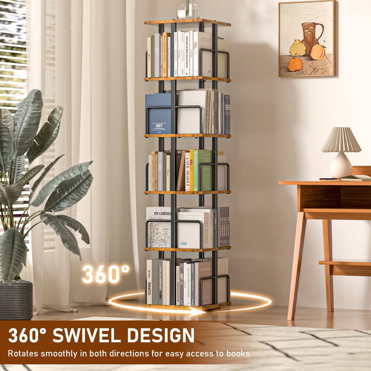 5-Tier Rotating Bookshelf with Metal Guardrails Z59080