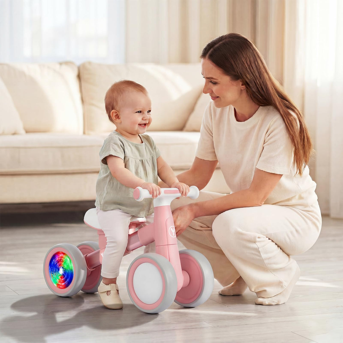 Baby Balance Bike for 1-2 Year Old Toddlers, 4-Wheel with Colorful Light V380
