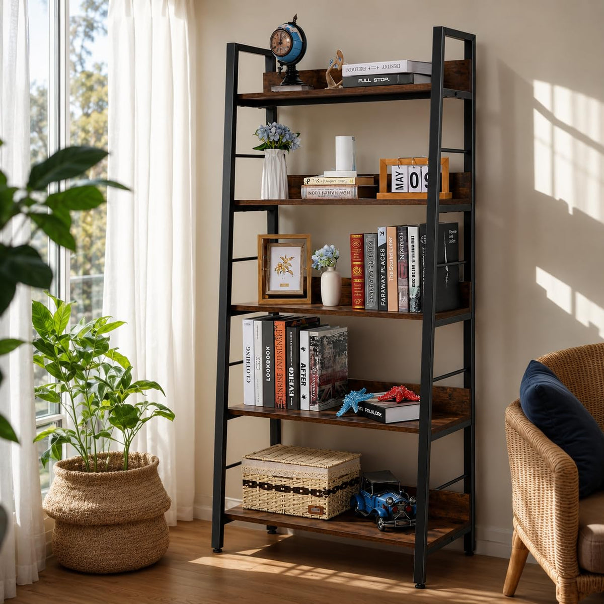 5 Tier Wood Metal Ladder Shelf Bookcase Y588