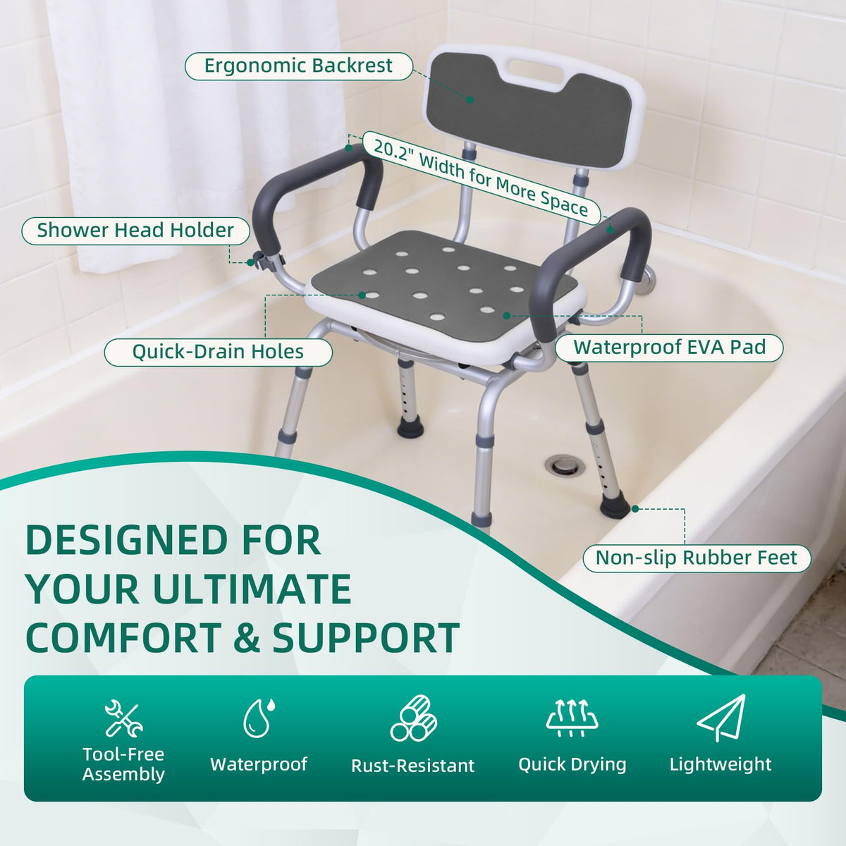 Swivel Shower Chair with Arms & Back, Heavy Duty Non-Slip Rotating Shower Bench Seat S670