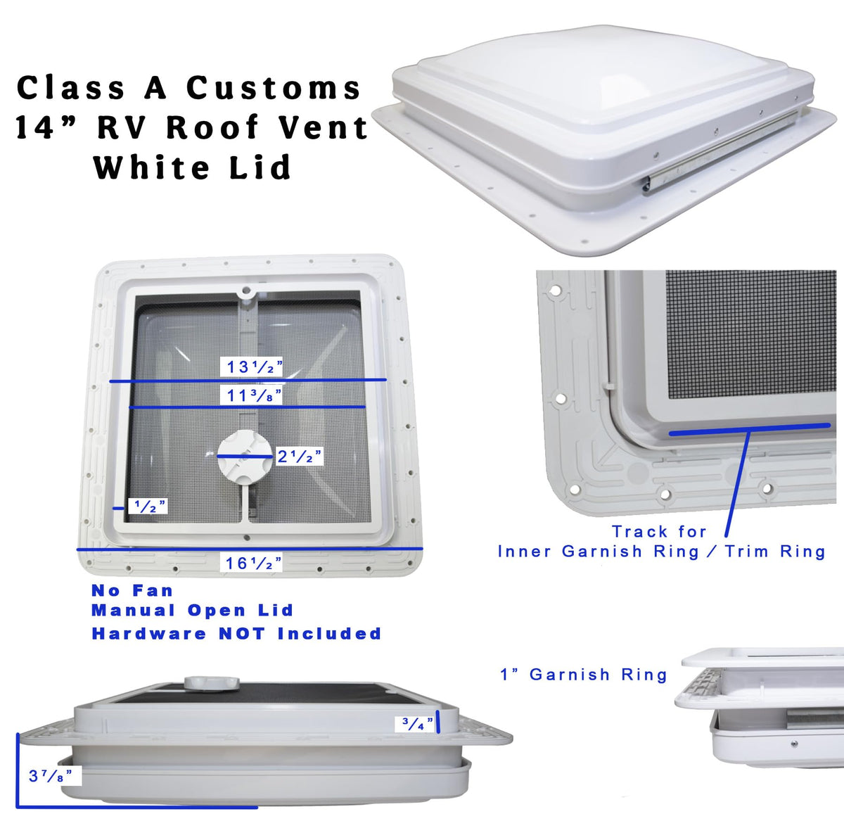 14" RV Roof Vent with White Lid and Manual Crank Q13727