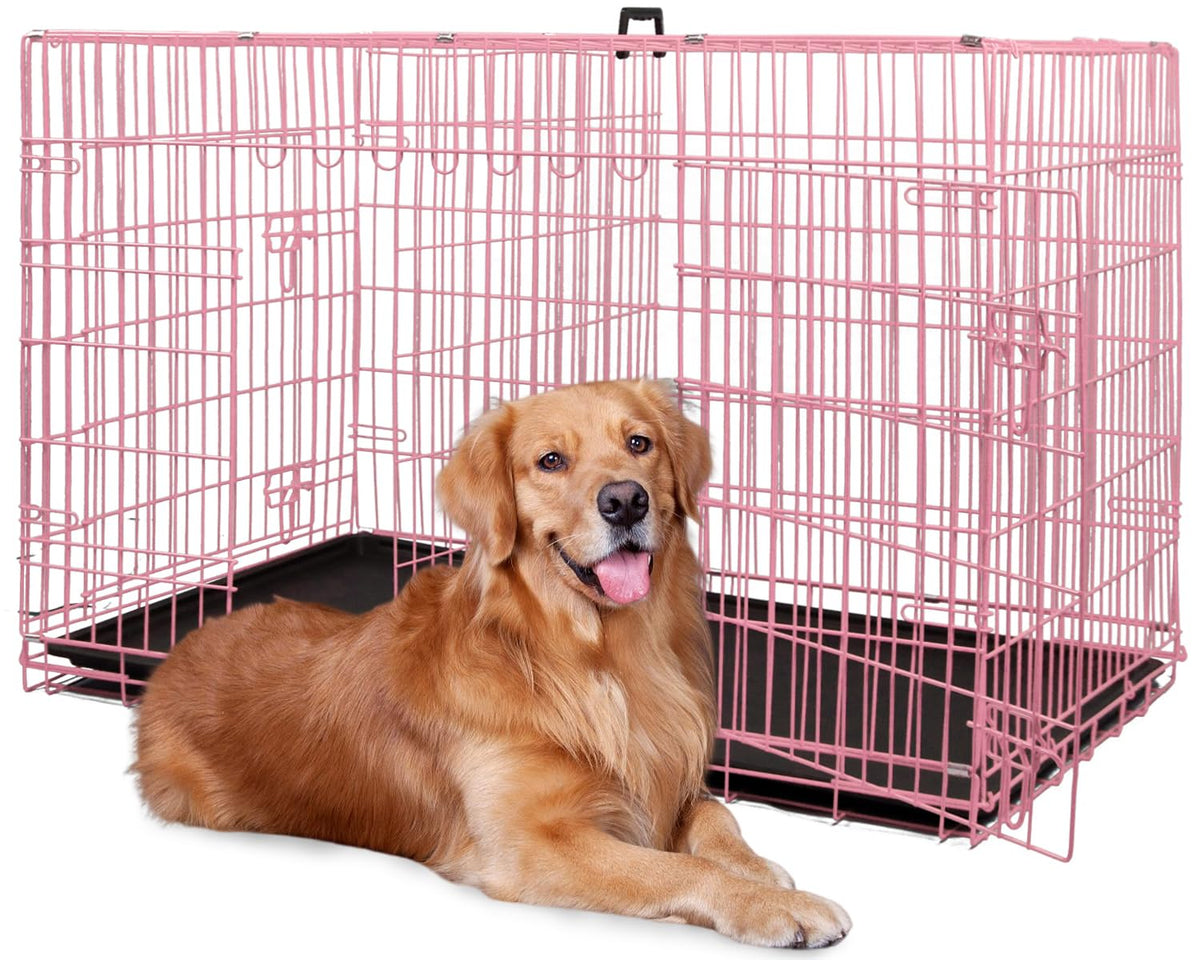 48 Inch Extra Large Pink Folding Metal Wire Dog Crate with Divider Panel I2512