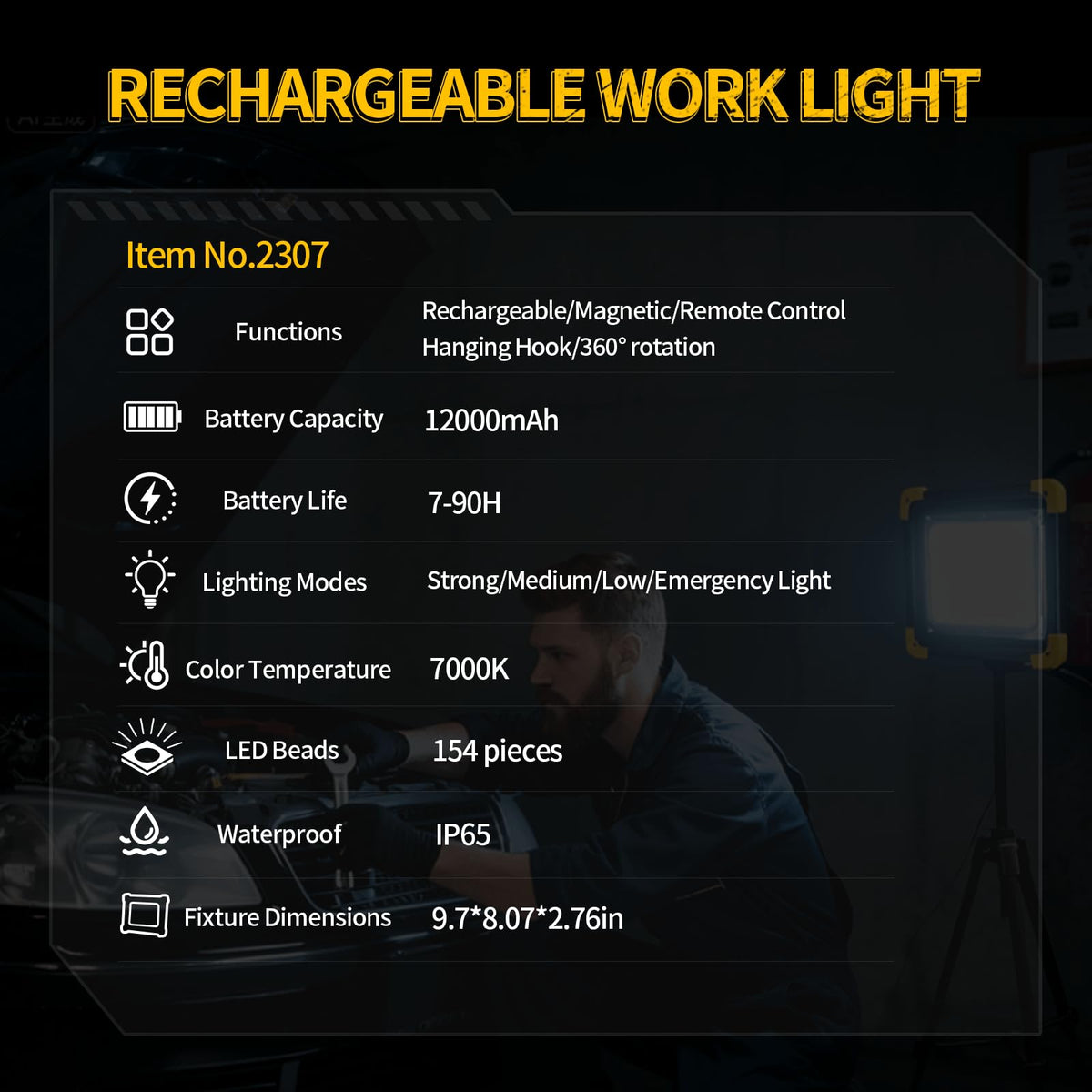 12000mAh Rechargeable Magnetic LED Work Light IP65 Waterproof 4 Modes W8803