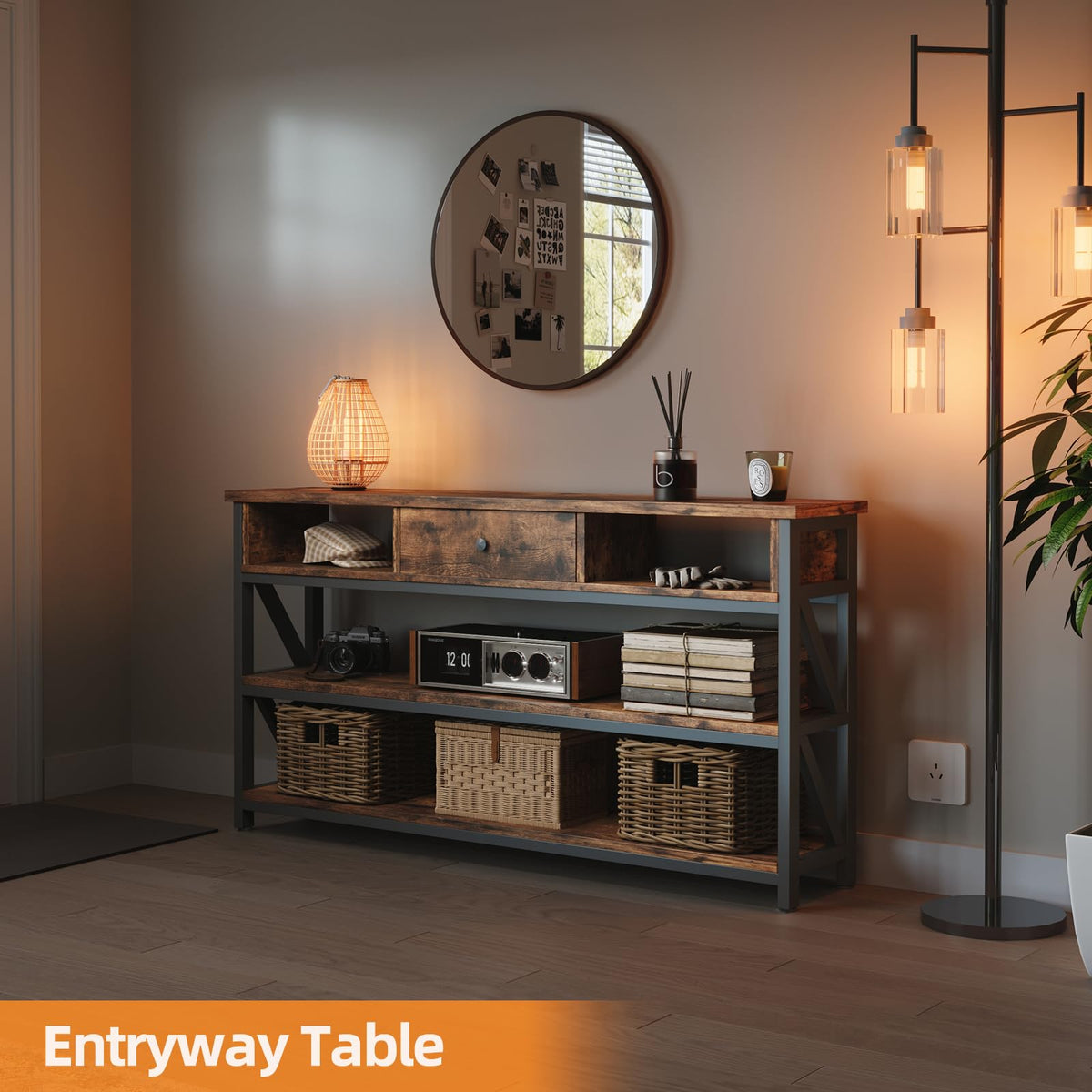 47 Inch Rustic Brown Console Table with Drawer Shelves T34895