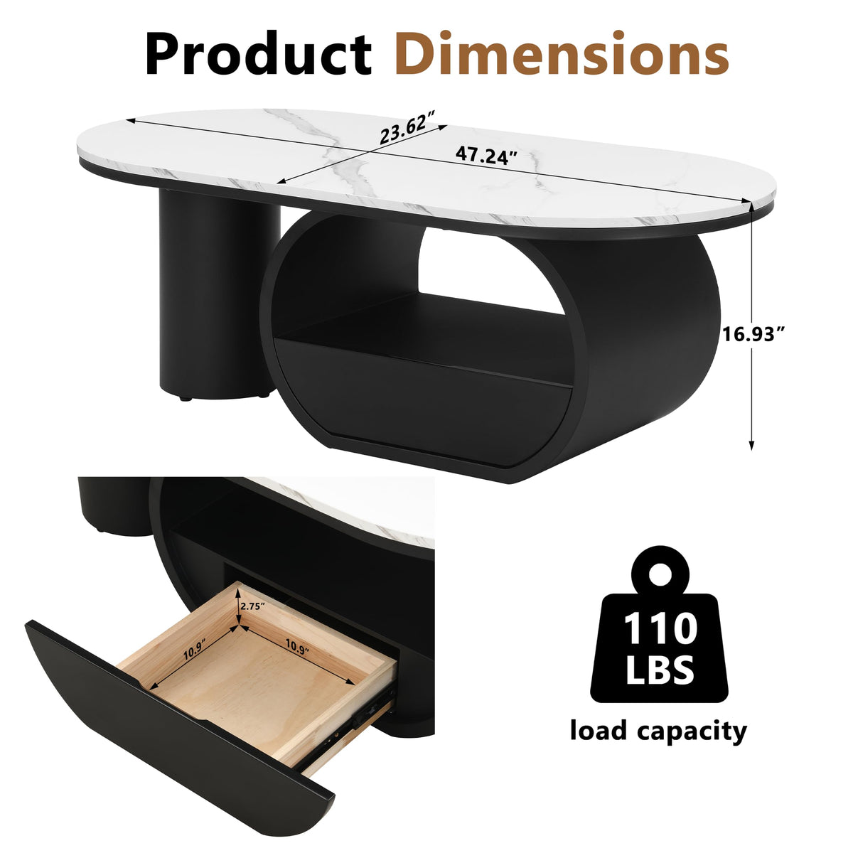 47'' Oval Coffee Table with Drawer, Marble-Grain MDF Top, Black Metal Base O148070