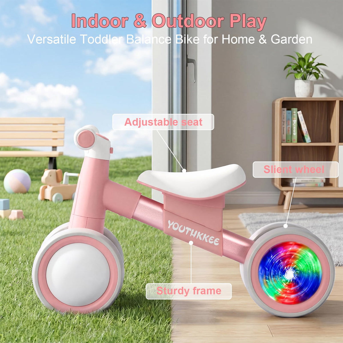 Baby Balance Bike for 1-2 Year Old Toddlers, 4-Wheel with Colorful Light V380