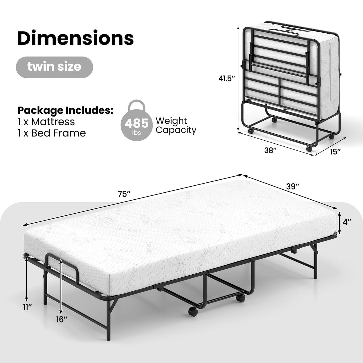 Twin Folding Bed Frame with Memory Foam Mattress O3506