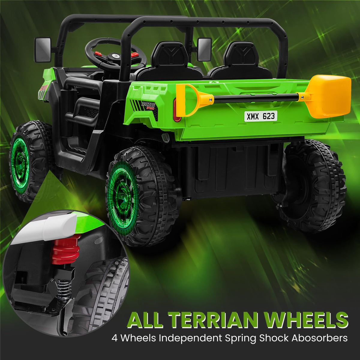24V 4WD Ride on Truck Car with Dump Bed, 2 Seaters, Remote Control, Green U23729
