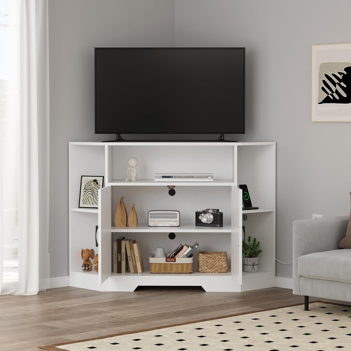 Corner TV Stand with Power Outlet & Barn Doors V670