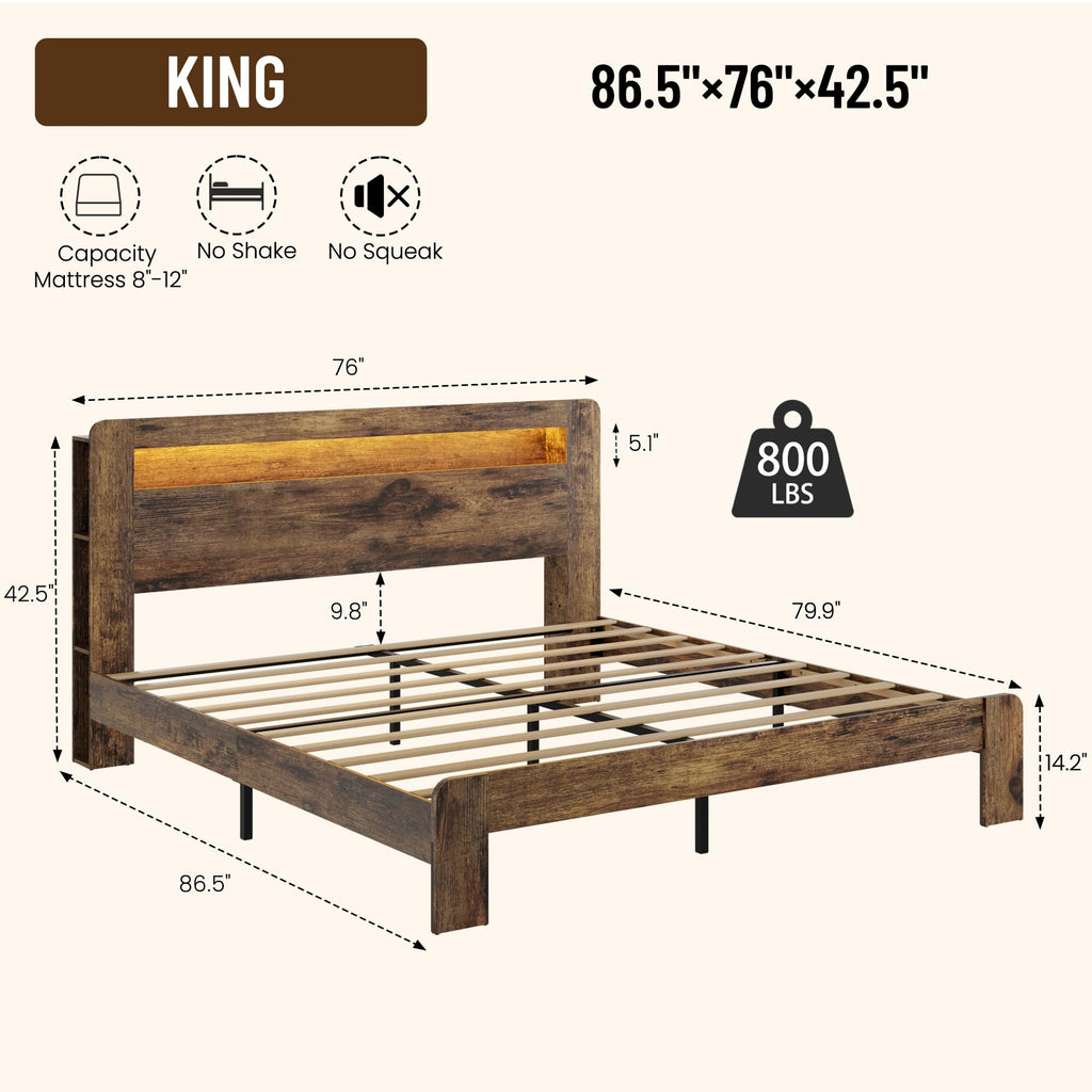 King Size Brown Wood Bed Frame with Bookcase Storage Headboard H6120