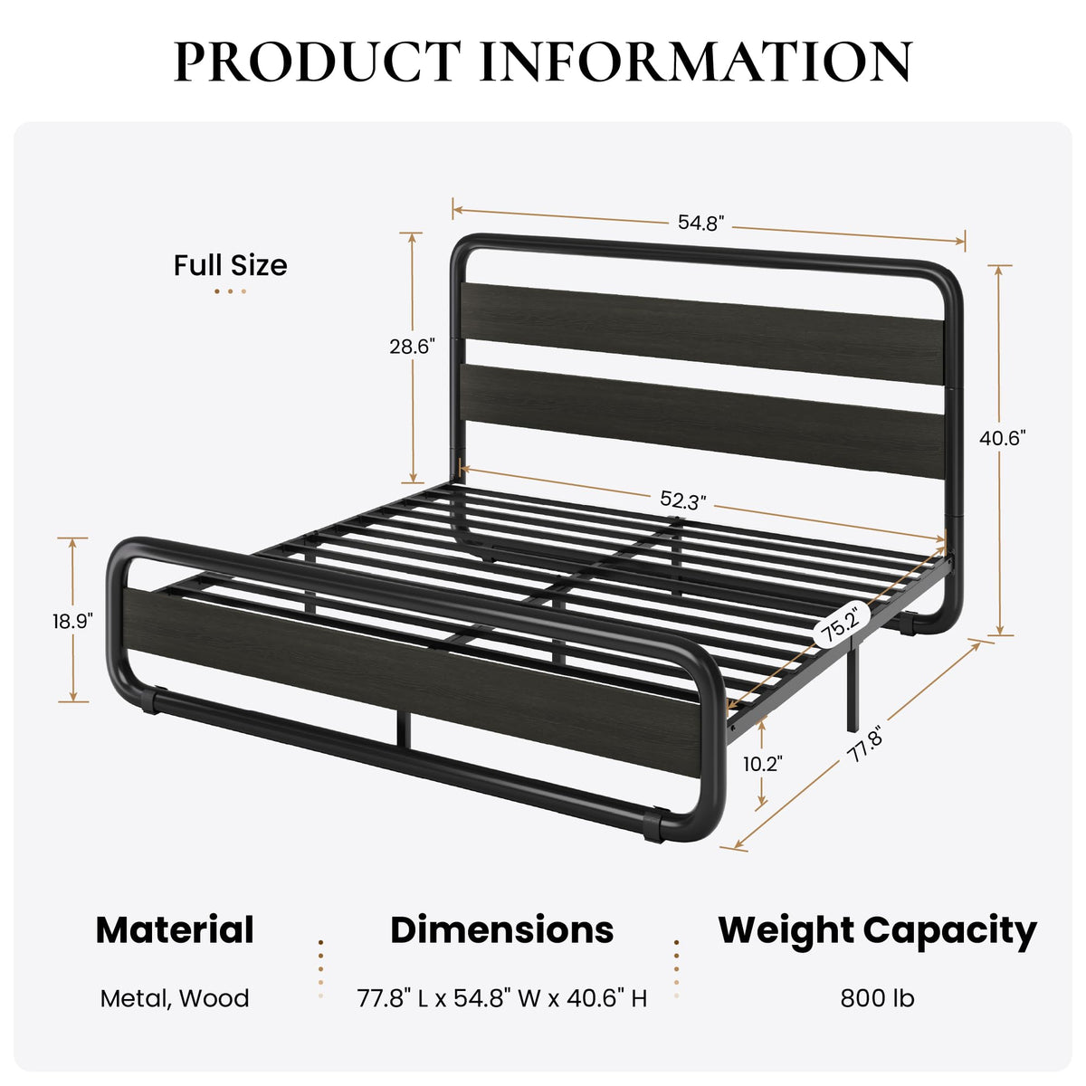 Full Size Metal Bed Frame with Wooden Headboard R5353