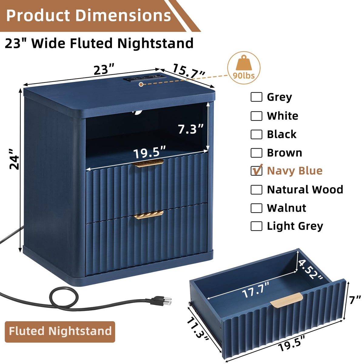 Blue 2 Drawer Fluted Nightstand with Charging Station V637686