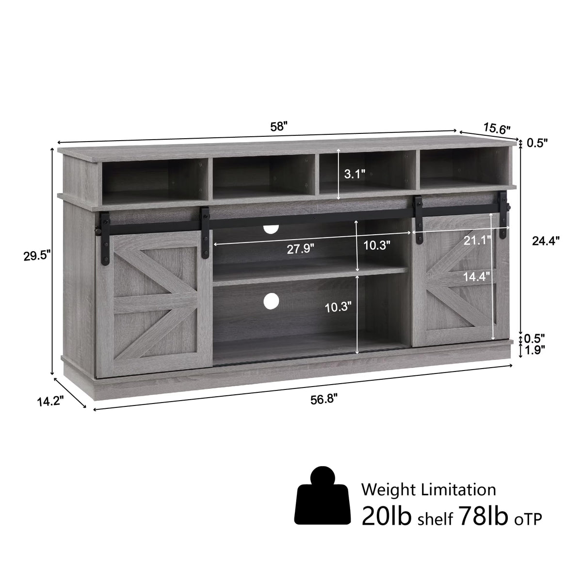 65" Grey TV Stand with Sliding Doors R7025