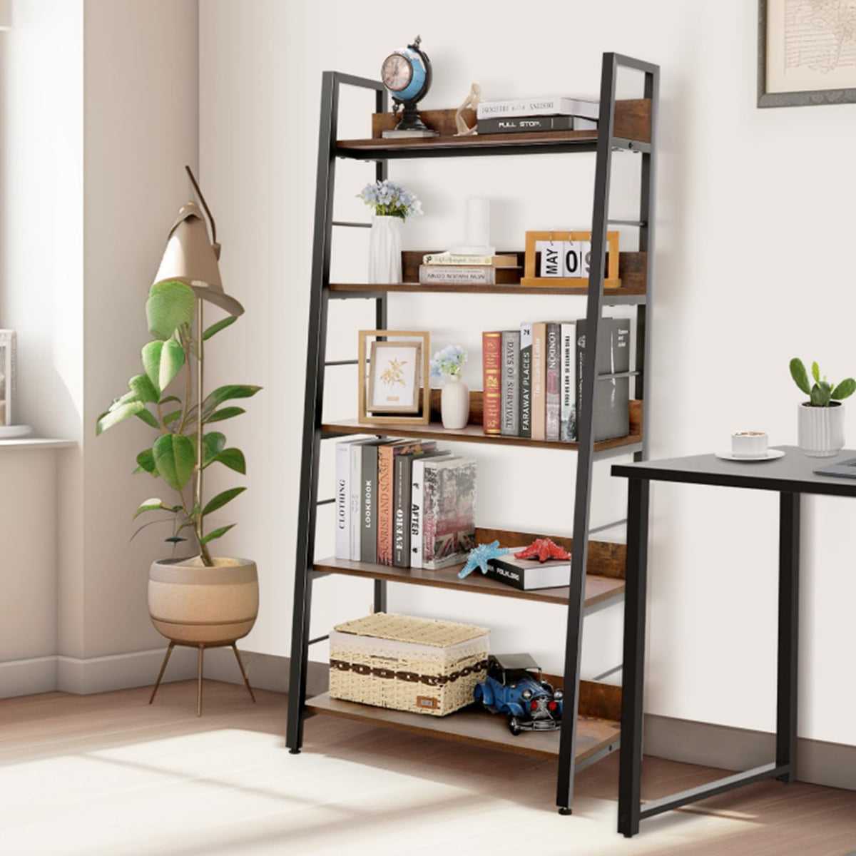5 Tier Wood Metal Ladder Shelf Bookcase Y588